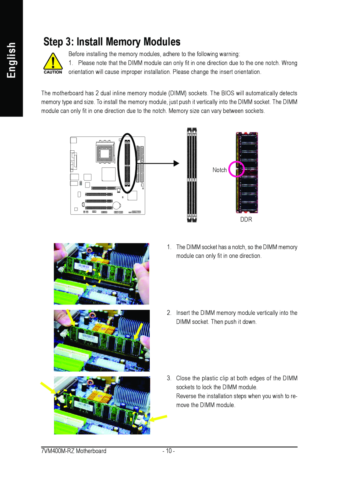 Gigabyte 7VM400M-RZ user manual Install Memory Modules 