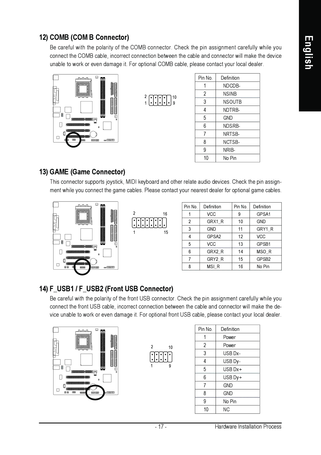 Gigabyte 7VM400M-RZ user manual Comb COM B Connector, Game Game Connector, FUSB1 / FUSB2 Front USB Connector 