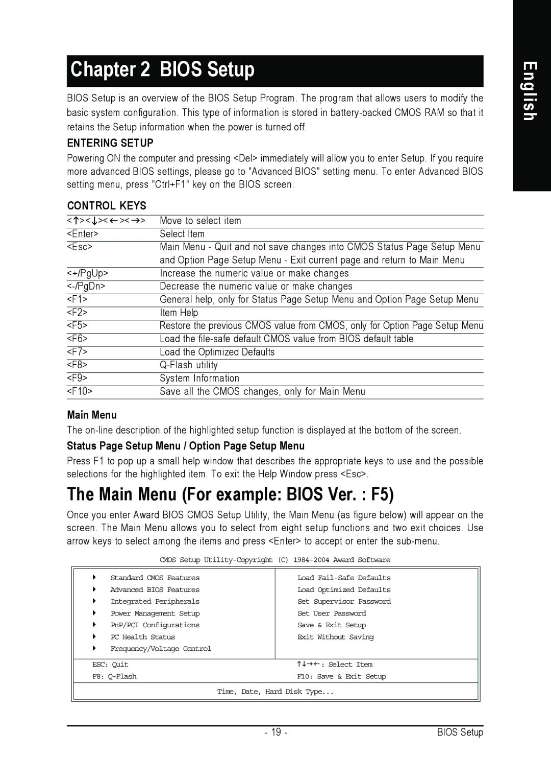 Gigabyte 7VM400M-RZ user manual Main Menu For example Bios Ver. F5, Status Page Setup Menu / Option Page Setup Menu 