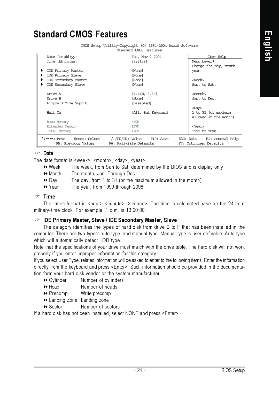 Gigabyte 7VM400M-RZ user manual Standard Cmos Features, Date, Time, IDE Primary Master, Slave / IDE Secondary Master, Slave 