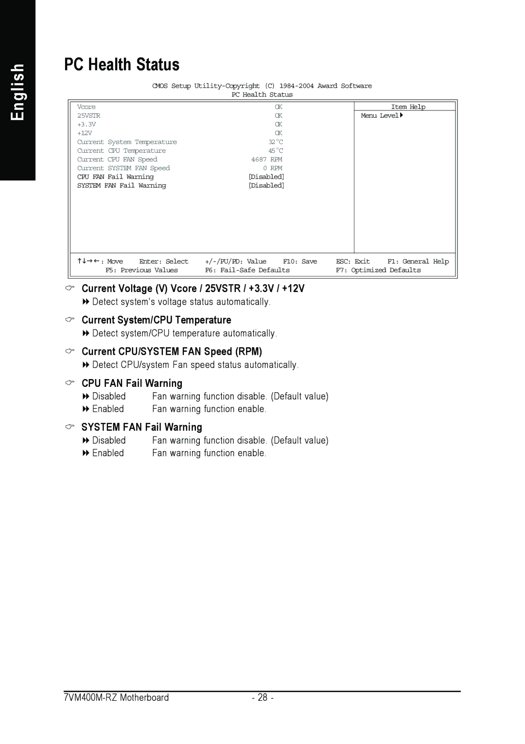 Gigabyte 7VM400M-RZ user manual PC Health Status 