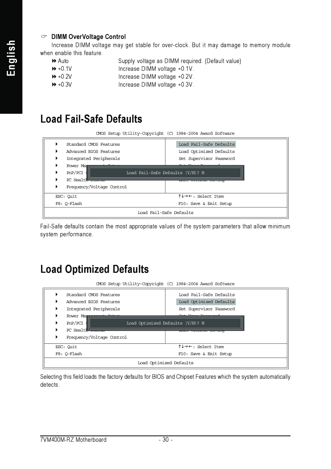 Gigabyte 7VM400M-RZ user manual Load Fail-Safe Defaults, Load Optimized Defaults, Dimm OverVoltage Control 