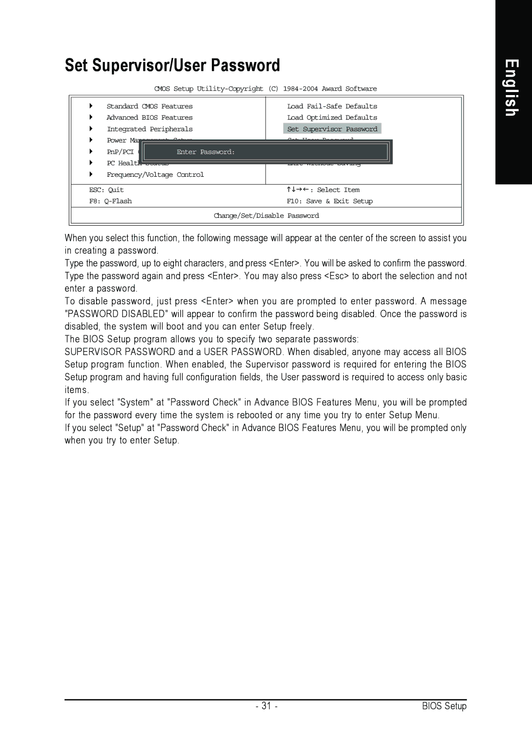 Gigabyte 7VM400M-RZ user manual Set Supervisor/User Password, ConfigurationsEnter Password 