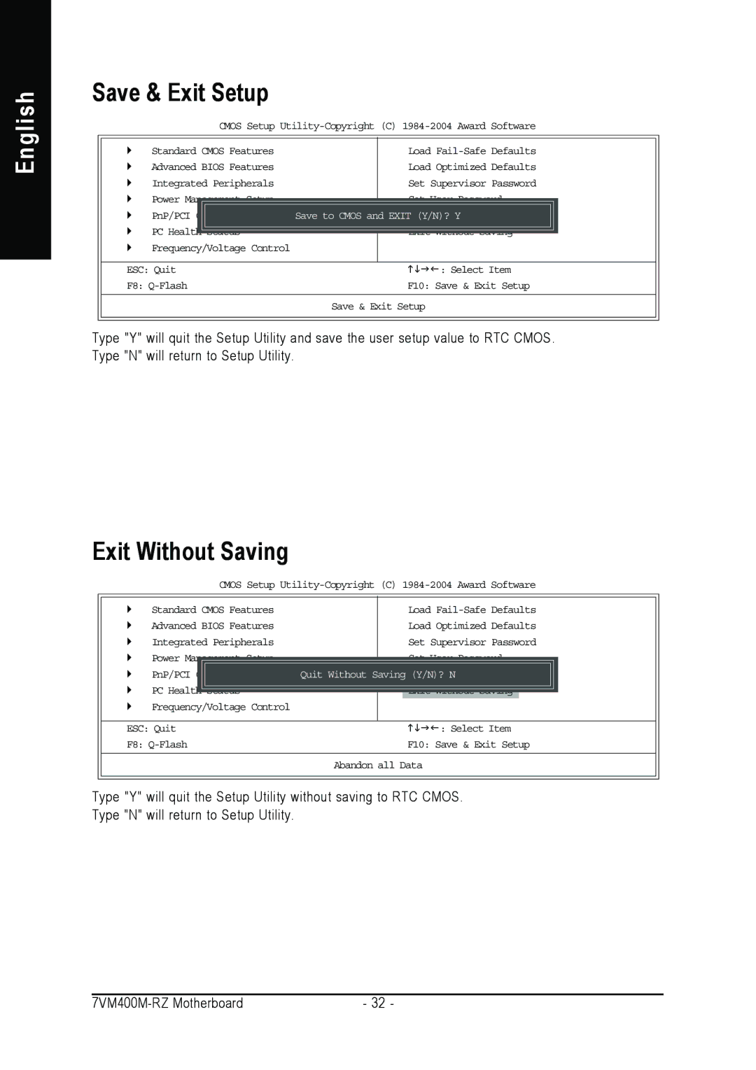 Gigabyte 7VM400M-RZ user manual Save & Exit Setup, Exit Without Saving 