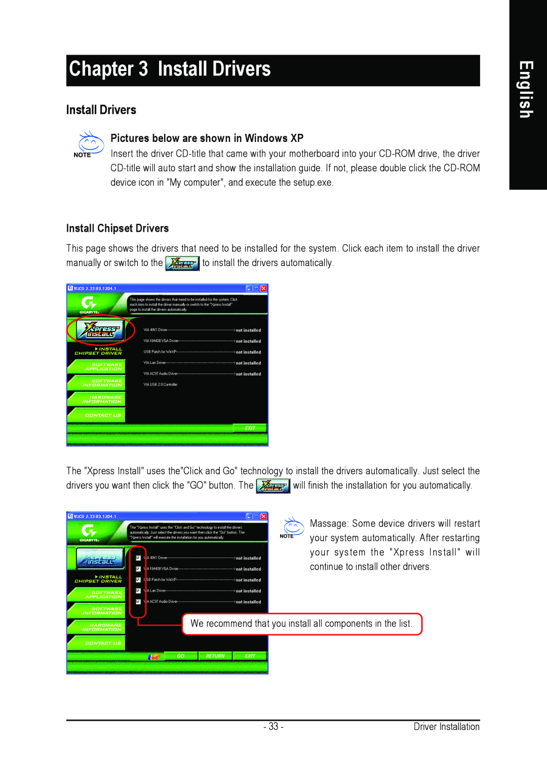 Gigabyte 7VM400M-RZ user manual Install Drivers, Pictures below are shown in Windows XP, Install Chipset Drivers 