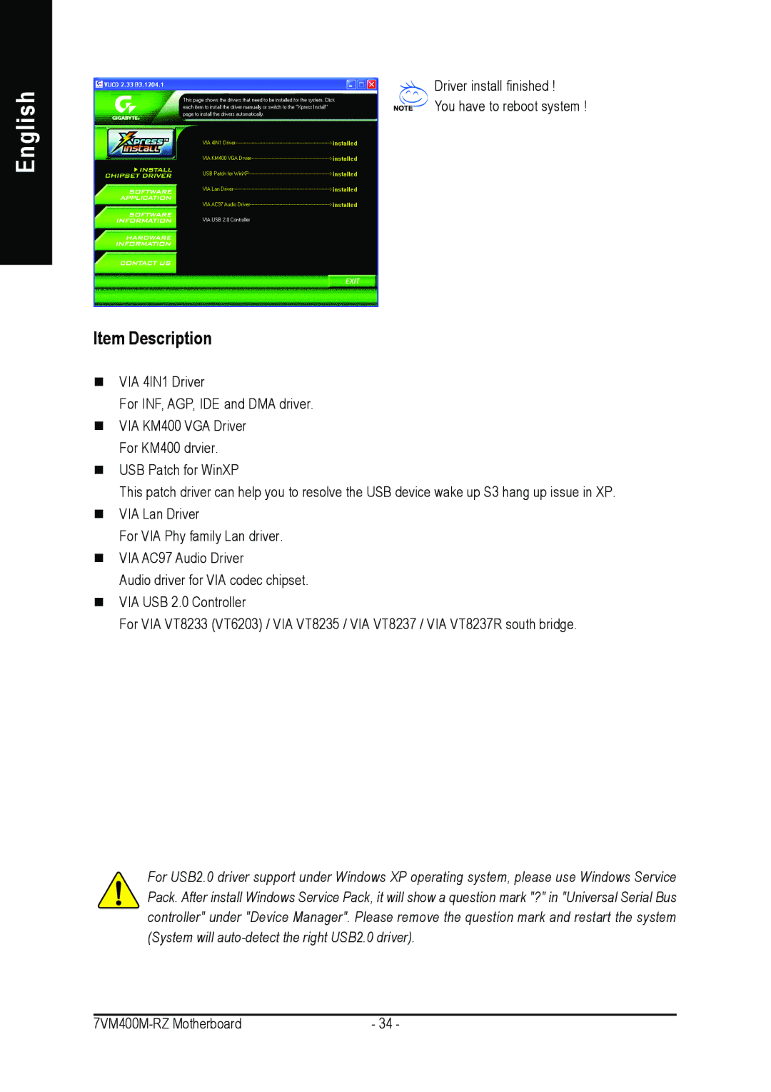 Gigabyte 7VM400M-RZ user manual Item Description 