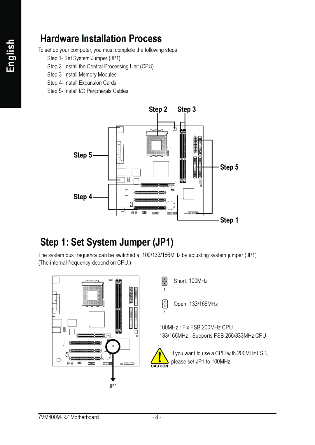 Gigabyte 7VM400M-RZ user manual Hardware Installation Process, Set System Jumper JP1, Step 