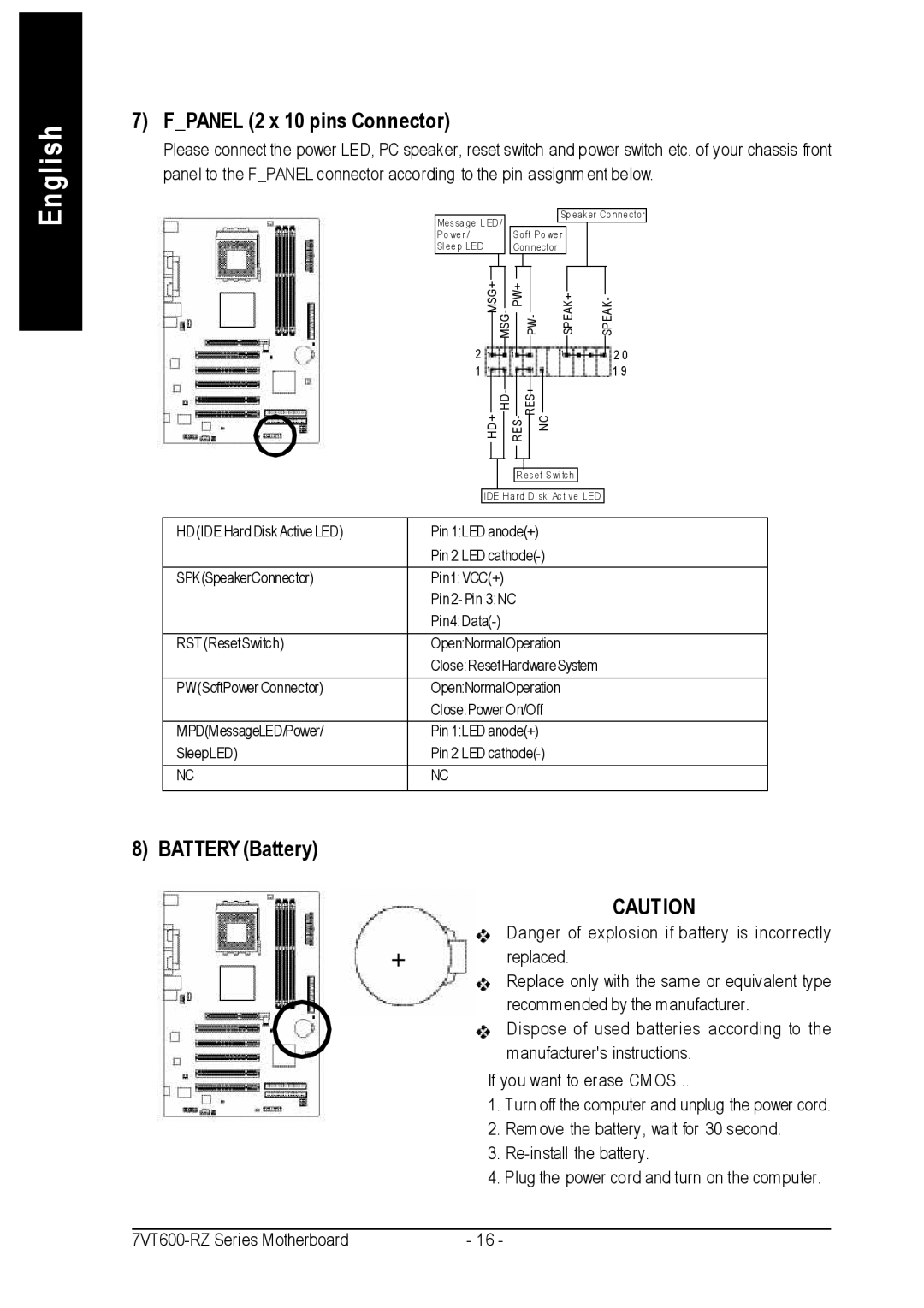 Gigabyte 7VT600-RZ-C user manual Fpanel 2 x 10 pins Connector, Battery Battery 