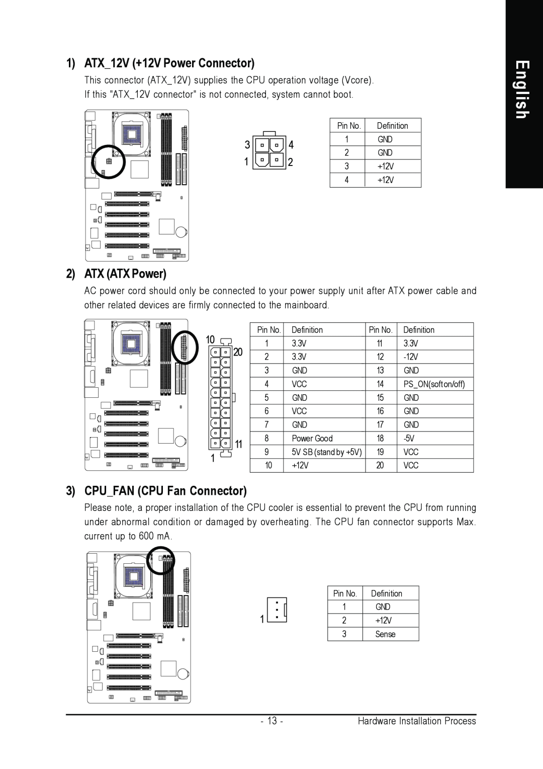 Gigabyte 8S648FX-RZ-C user manual English, 1 ATX12V +12V Power Connector, ATX ATX Power, CPUFAN CPU Fan Connector 