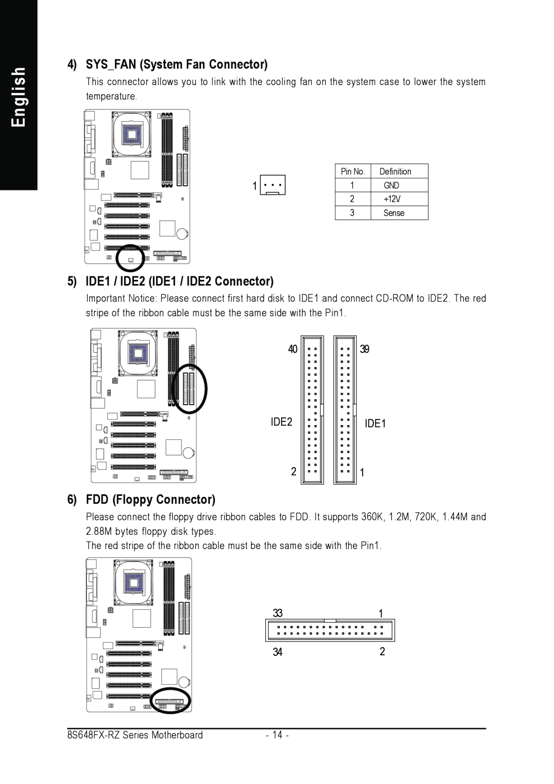 Gigabyte 8S648FX-RZ-C English, SYSFAN System Fan Connector, 5 IDE1 / IDE2 IDE1 / IDE2 Connector, FDD Floppy Connector 