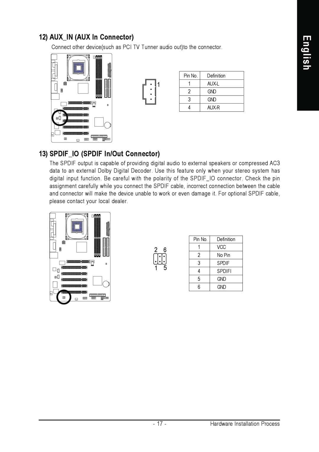 Gigabyte 8S648FX-RZ-C user manual English, AUXIN AUX In Connector, SPDIFIO SPDIF In/Out Connector 