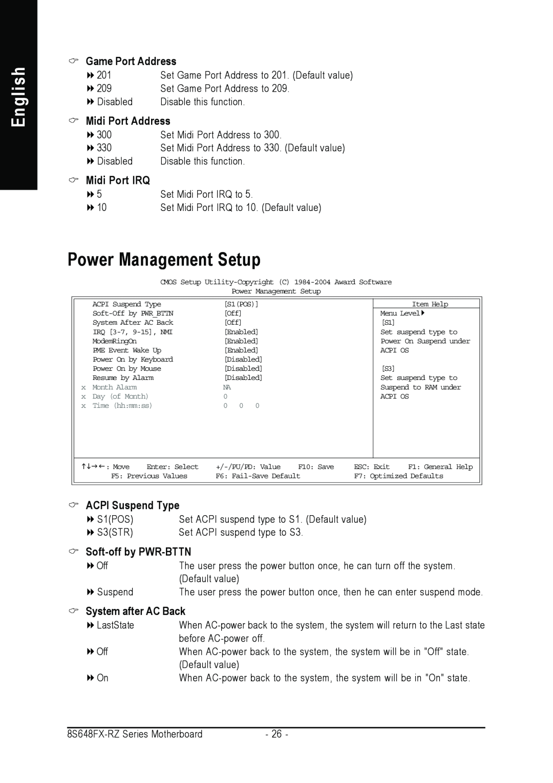 Gigabyte 8S648FX-RZ-C user manual Power Management Setup, English, Game Port Address, Midi Port Address, Midi Port IRQ 