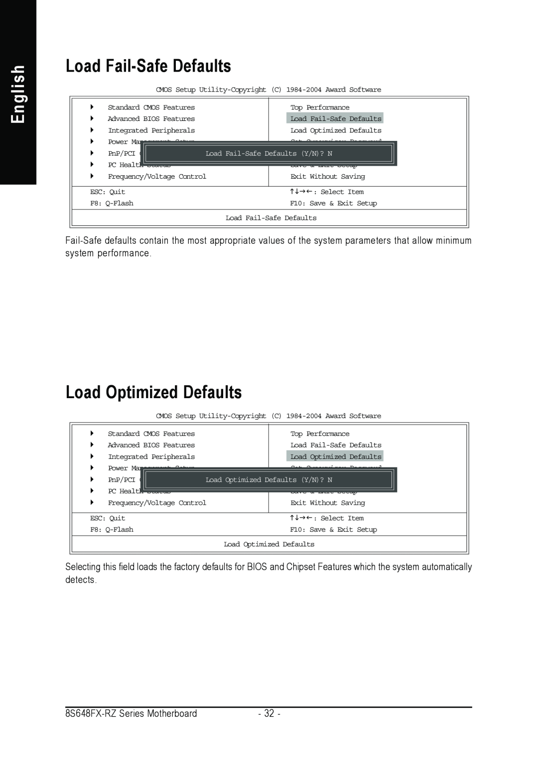 Gigabyte 8S648FX-RZ-C user manual Load Fail-Safe Defaults, Load Optimized Defaults, English 