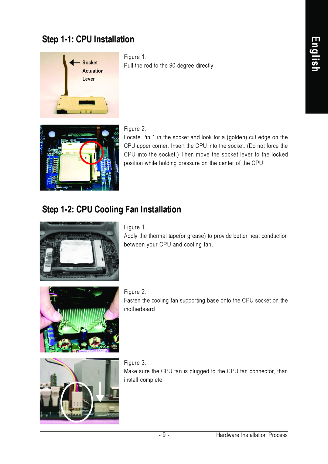 Gigabyte 8S648FX-RZ-C user manual 1 CPU Installation, 2 CPU Cooling Fan Installation, English, Socket, Actuation, Lever 