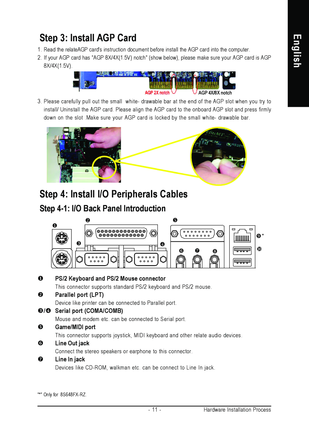 Gigabyte 8S648FX-RZ-C user manual Install AGP Card, Install I/O Peripherals Cables 