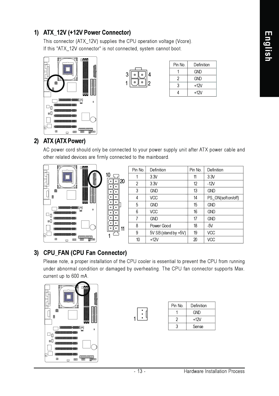 Gigabyte 8S648FX-RZ-C user manual ATX12V +12V Power Connector, ATX ATX Power, Cpufan CPU Fan Connector 