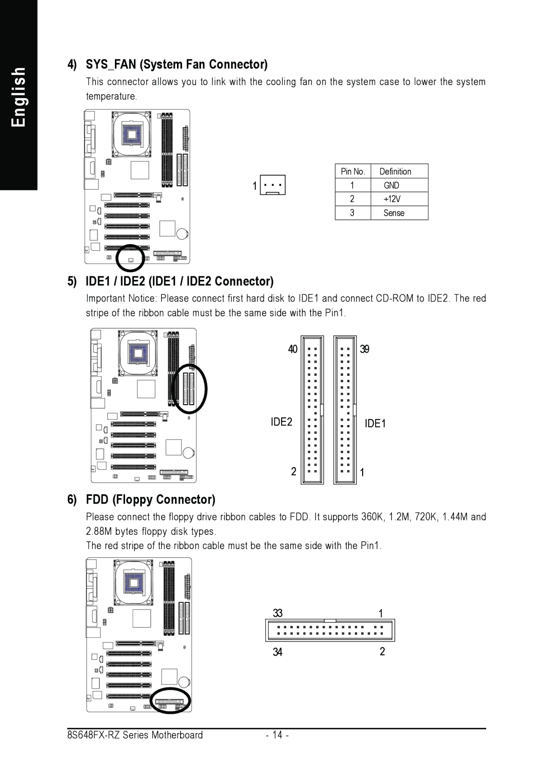 Gigabyte 8S648FX-RZ-C user manual Sysfan System Fan Connector, IDE1 / IDE2 IDE1 / IDE2 Connector, FDD Floppy Connector 