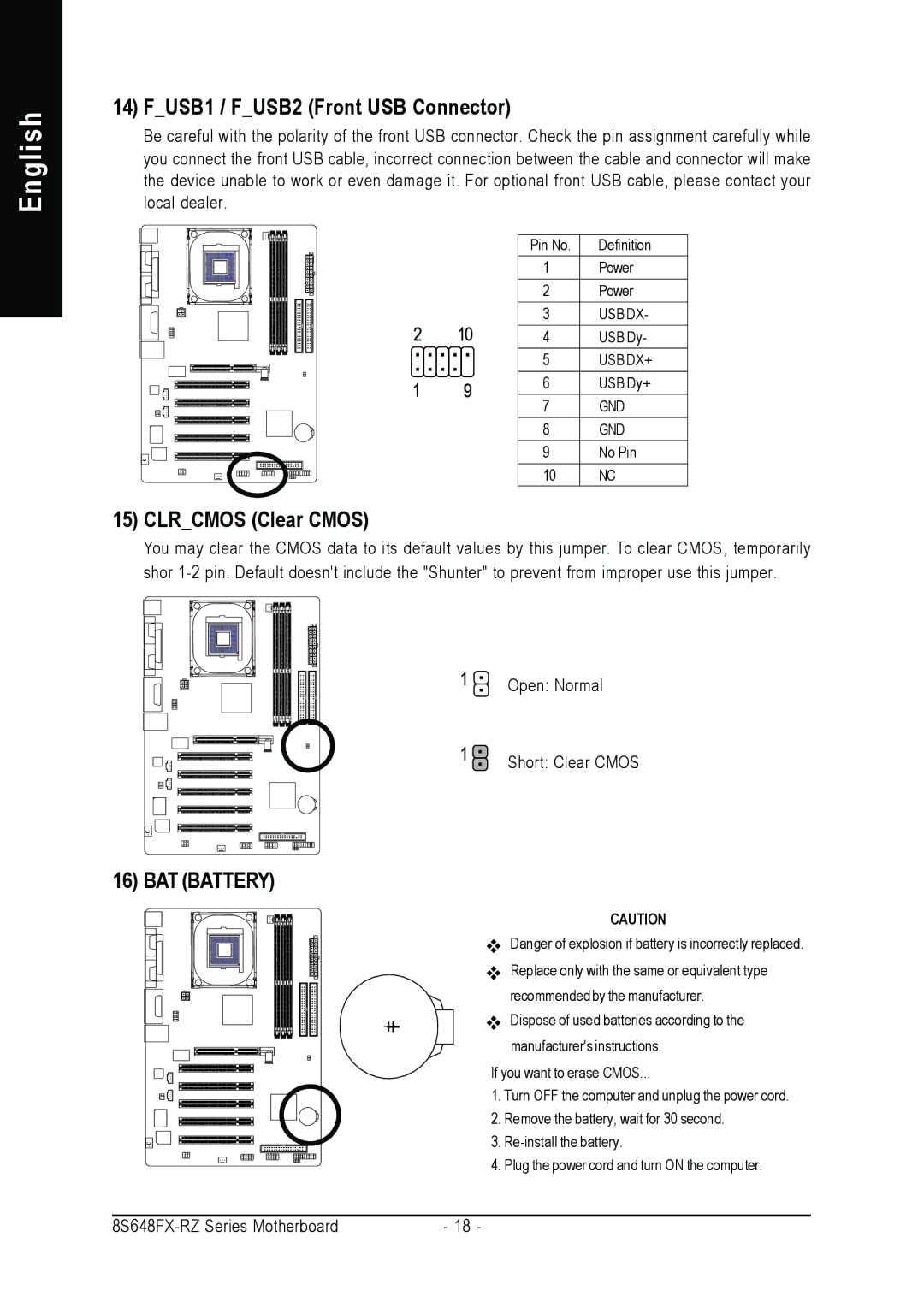 Gigabyte 8S648FX-RZ-C user manual FUSB1 / FUSB2 Front USB Connector, Clrcmos Clear Cmos 