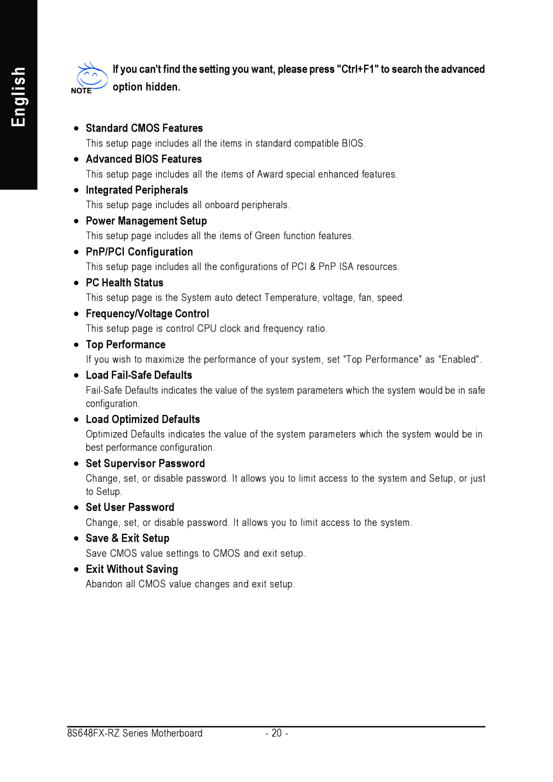 Gigabyte 8S648FX-RZ-C Advanced Bios Features, Integrated Peripherals, Power Management Setup, PnP/PCI Configuration 