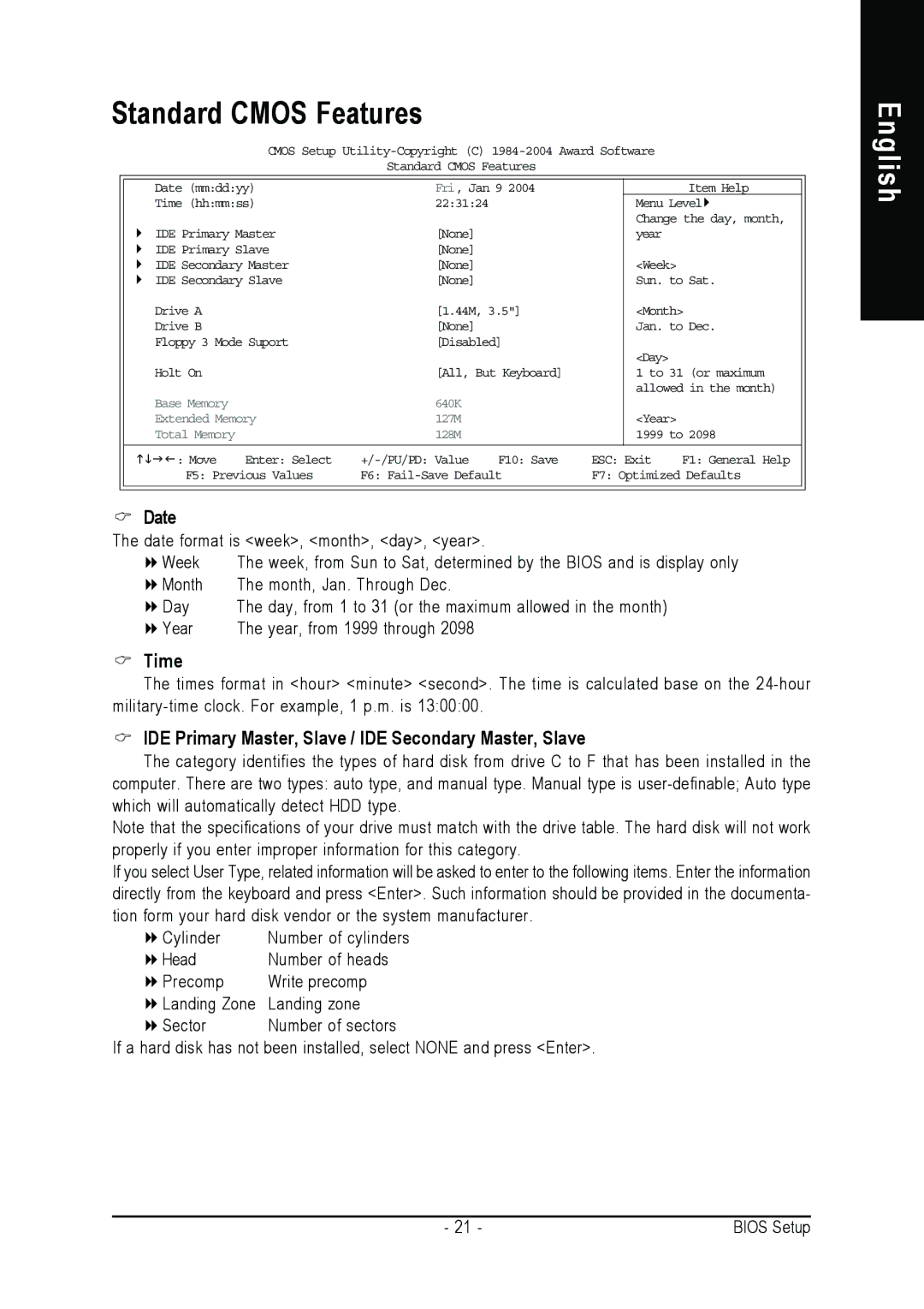 Gigabyte 8S648FX-RZ user manual Standard Cmos Features, Date, Time, IDE Primary Master, Slave / IDE Secondary Master, Slave 