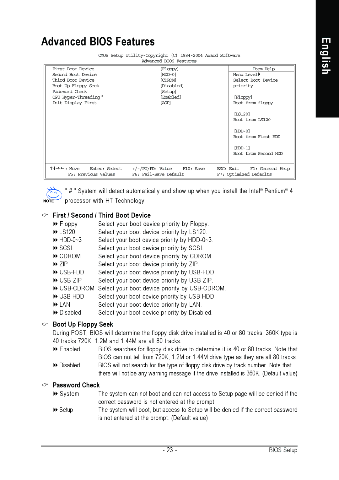 Gigabyte 8S648FX-RZ Advanced Bios Features, First / Second / Third Boot Device, Boot Up Floppy Seek, Password Check 