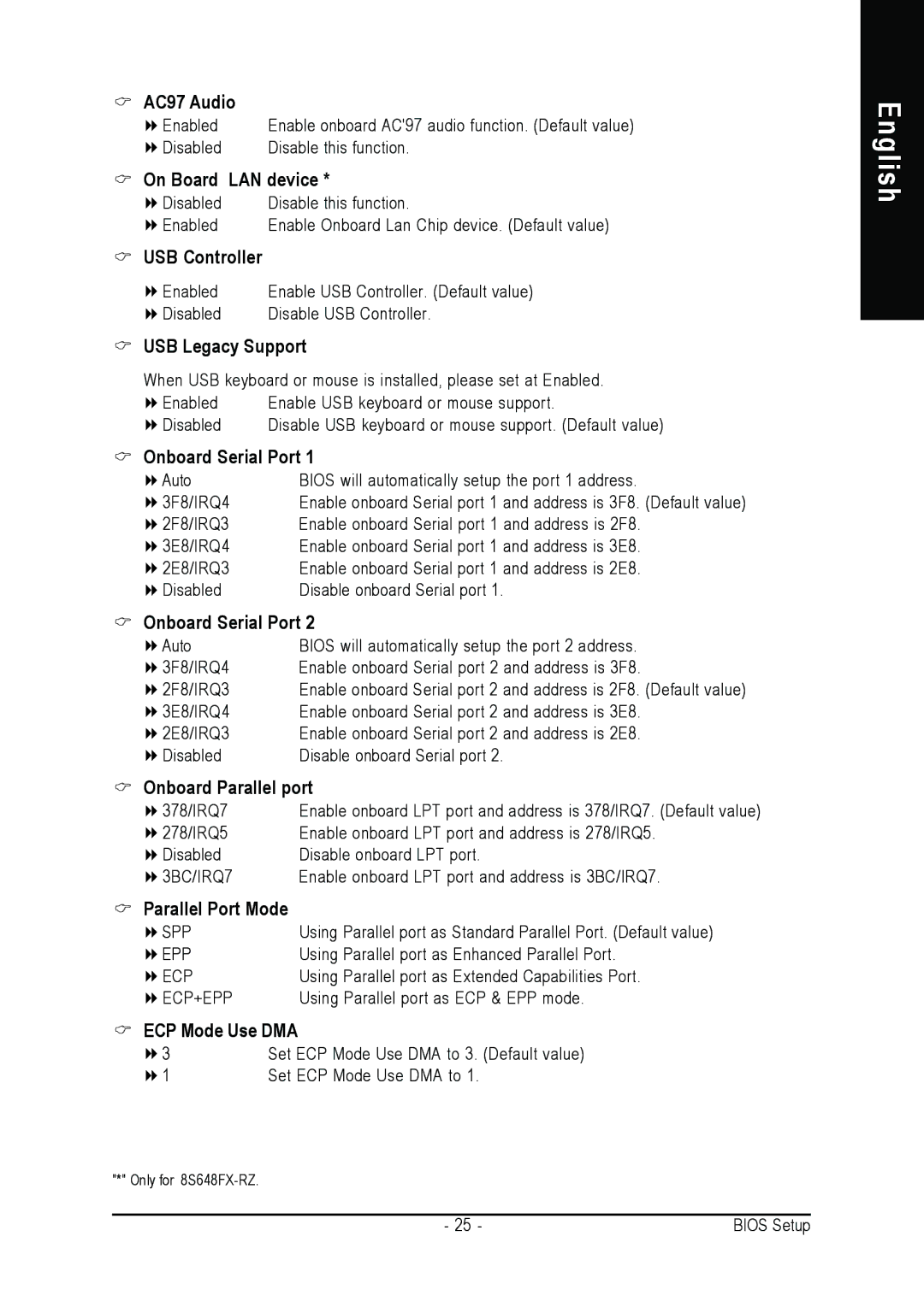 Gigabyte 8S648FX-RZ-C AC97 Audio, On Board LAN device, USB Controller, USB Legacy Support, Onboard Serial Port 