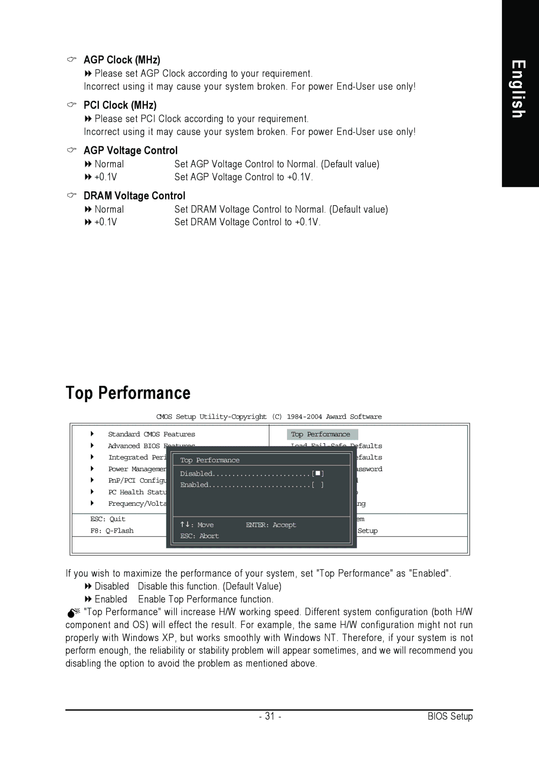 Gigabyte 8S648FX-RZ-C Top Performance, AGP Clock MHz, PCI Clock MHz, AGP Voltage Control, Dram Voltage Control 