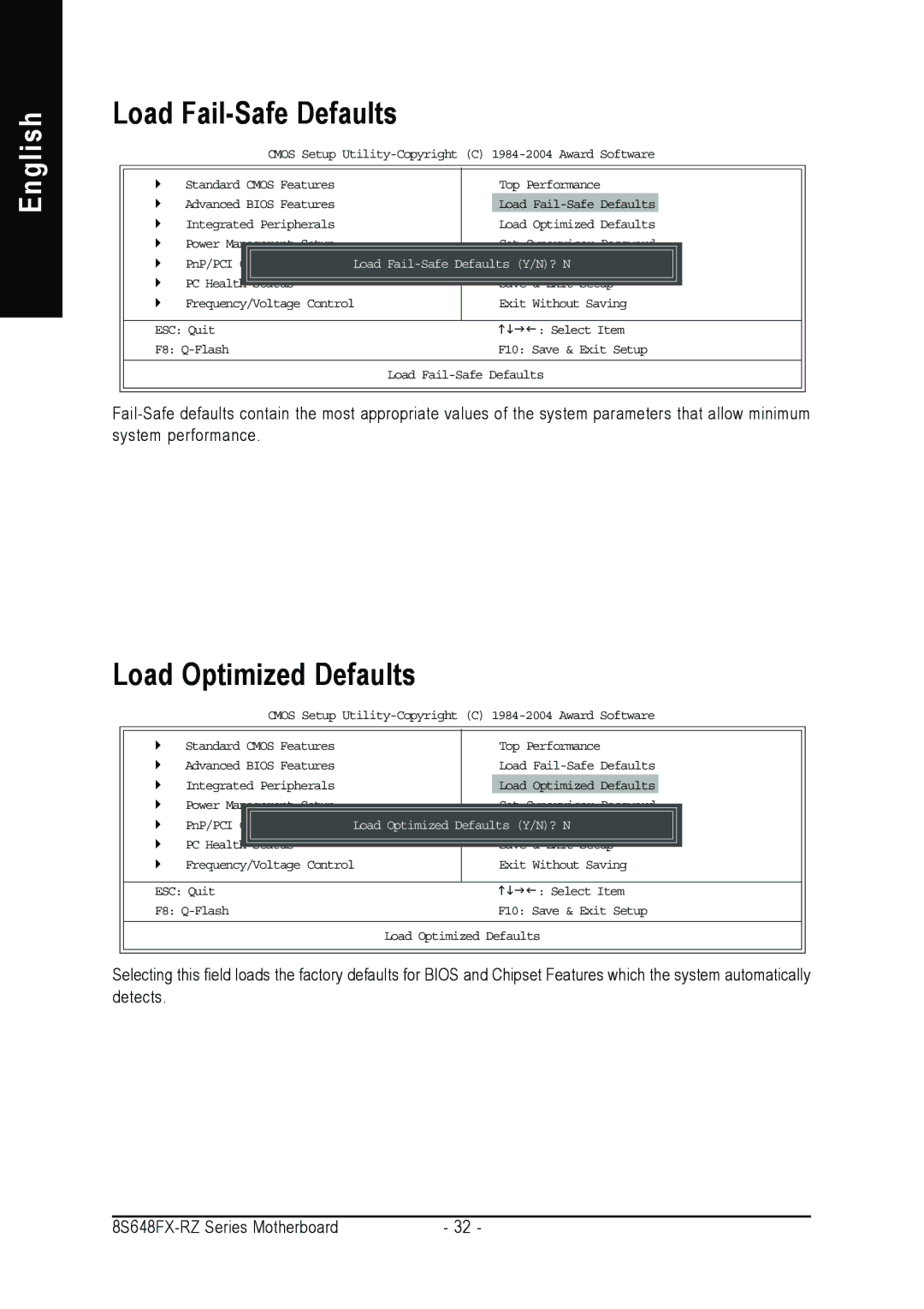 Gigabyte 8S648FX-RZ-C user manual Load Fail-Safe Defaults, Load Optimized Defaults 