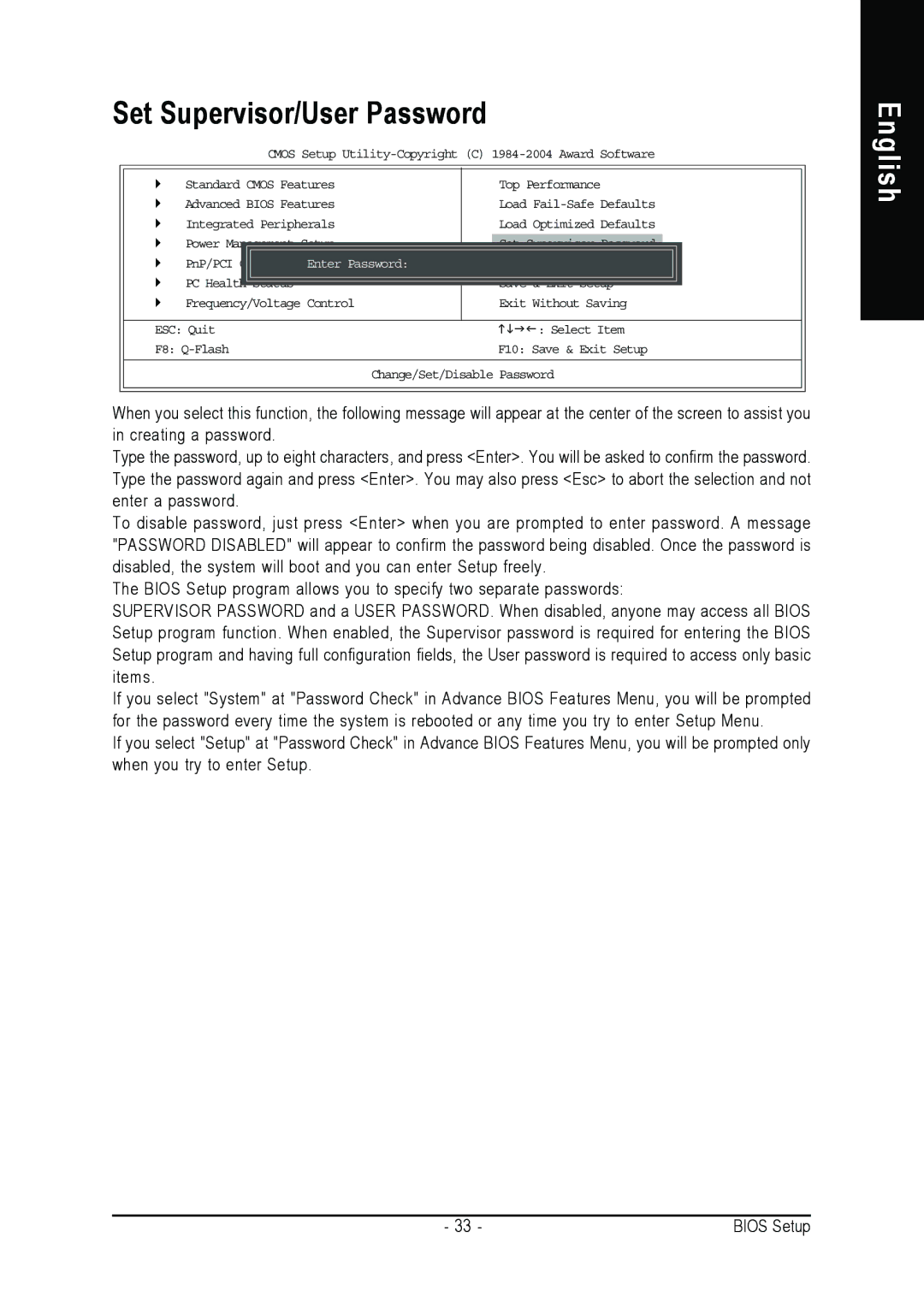 Gigabyte 8S648FX-RZ-C user manual Set Supervisor/User Password, ConfigurationsEnter Password 