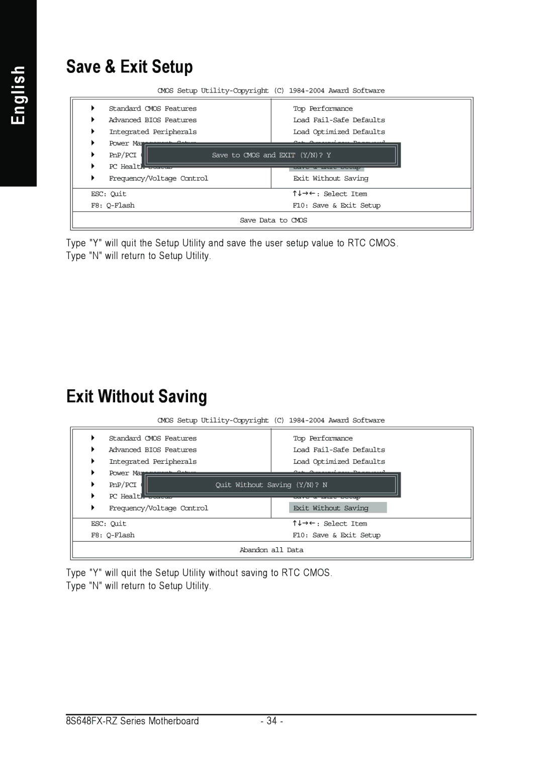 Gigabyte 8S648FX-RZ-C user manual Save & Exit Setup, Exit Without Saving 