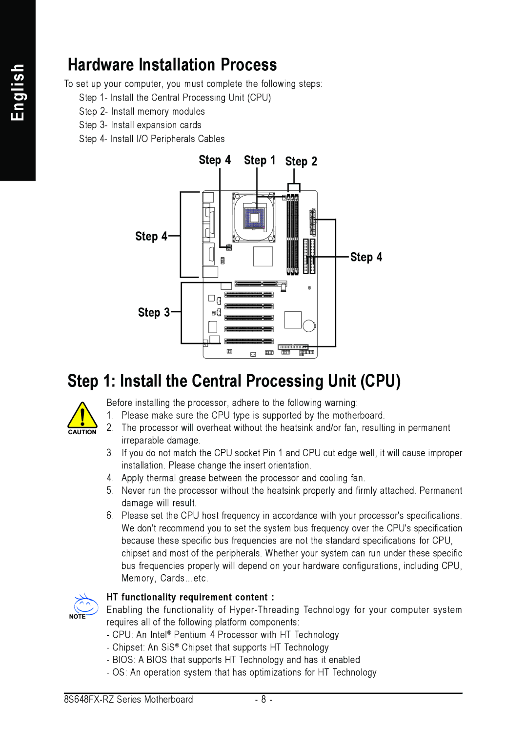 Gigabyte 8S648FX-RZ-C user manual Hardware Installation Process, Install the Central Processing Unit CPU, Step 