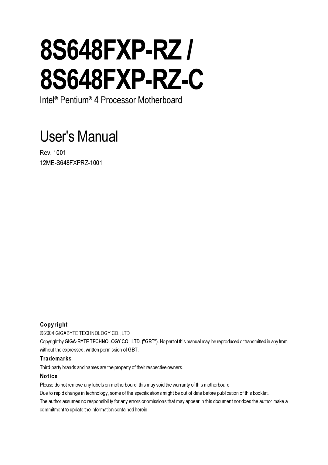 Gigabyte user manual 8S648FXP-RZ / 8S648FXP-RZ-C 