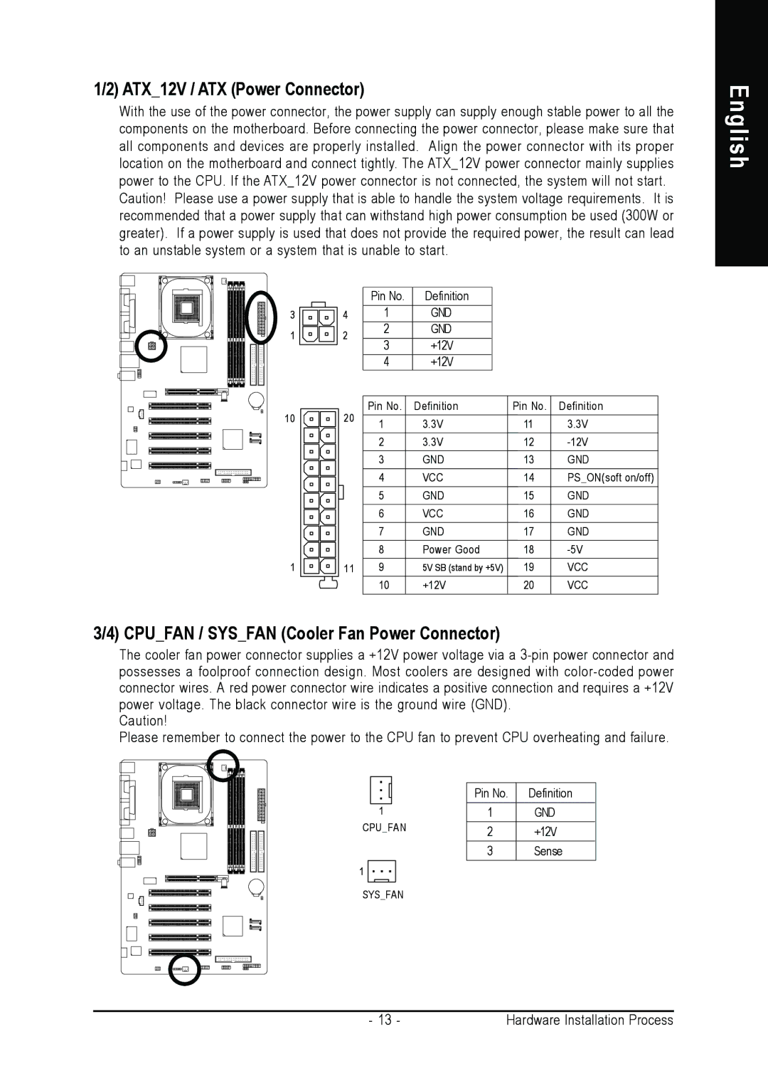 Gigabyte 8S648FXP-RZ-C user manual ATX12V / ATX Power Connector, Cpufan / Sysfan Cooler Fan Power Connector 