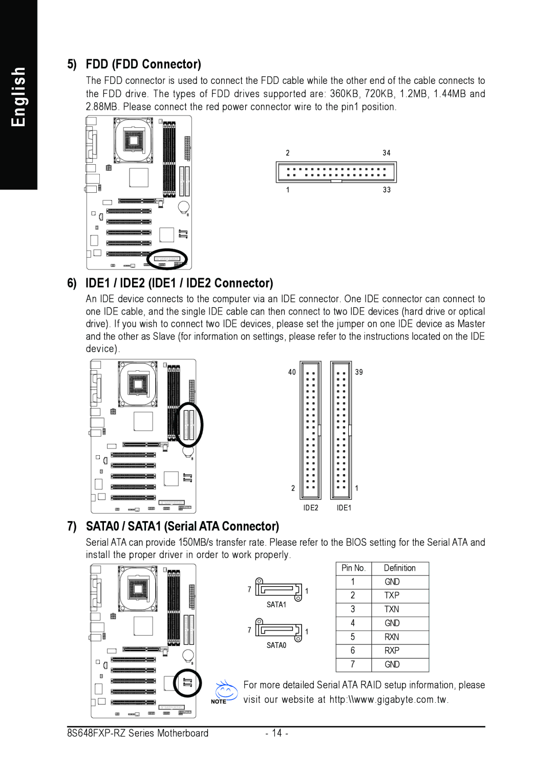 Gigabyte 8S648FXP-RZ-C user manual FDD FDD Connector, IDE1 / IDE2 IDE1 / IDE2 Connector, SATA0 / SATA1 Serial ATA Connector 