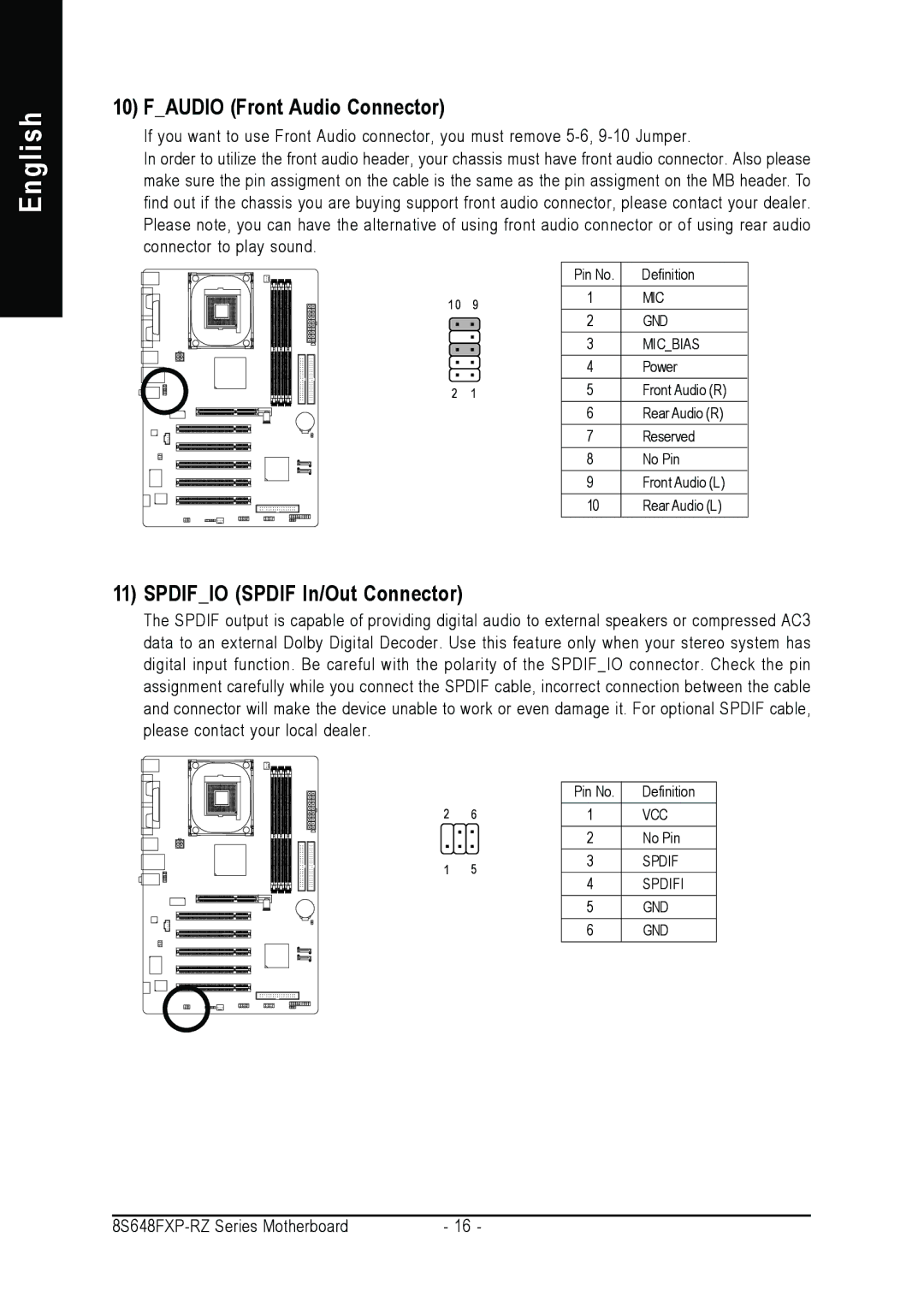 Gigabyte 8S648FXP-RZ-C user manual Faudio Front Audio Connector, Spdifio Spdif In/Out Connector 