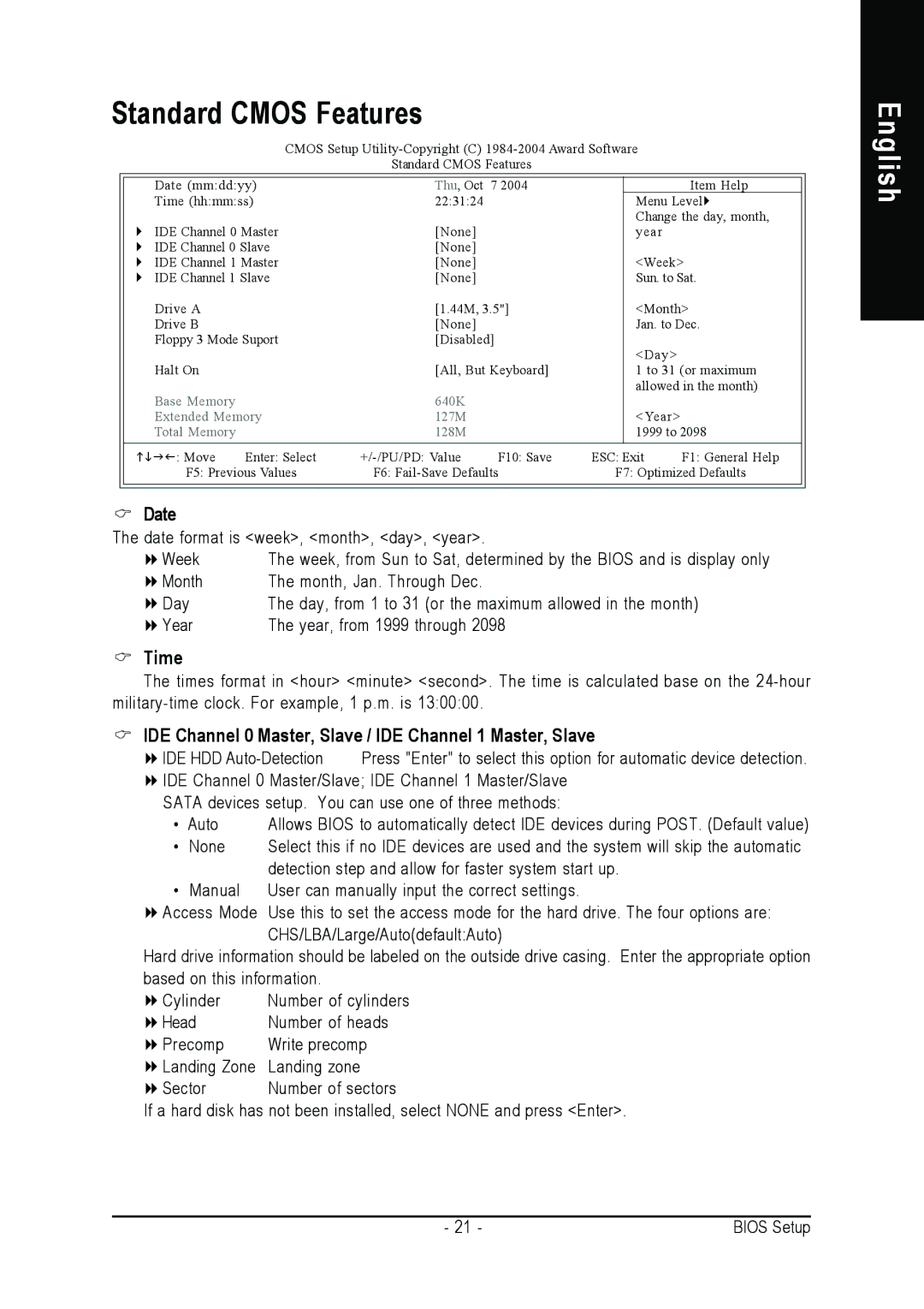 Gigabyte 8S648FXP-RZ Standard Cmos Features, Date, Time, IDE Channel 0 Master, Slave / IDE Channel 1 Master, Slave 