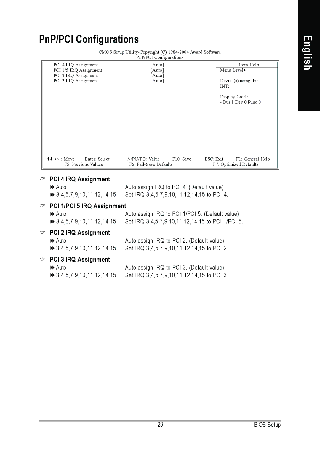 Gigabyte 8S648FXP-RZ PnP/PCI Configurations, PCI 4 IRQ Assignment, PCI 1/PCI 5 IRQ Assignment, PCI 2 IRQ Assignment 