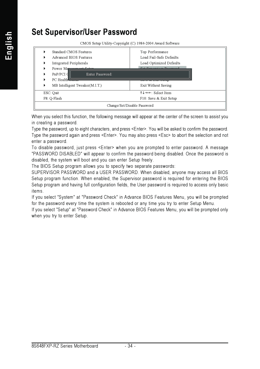 Gigabyte 8S648FXP-RZ-C user manual Set Supervisor/User Password, ConfigurationsEnter Password 