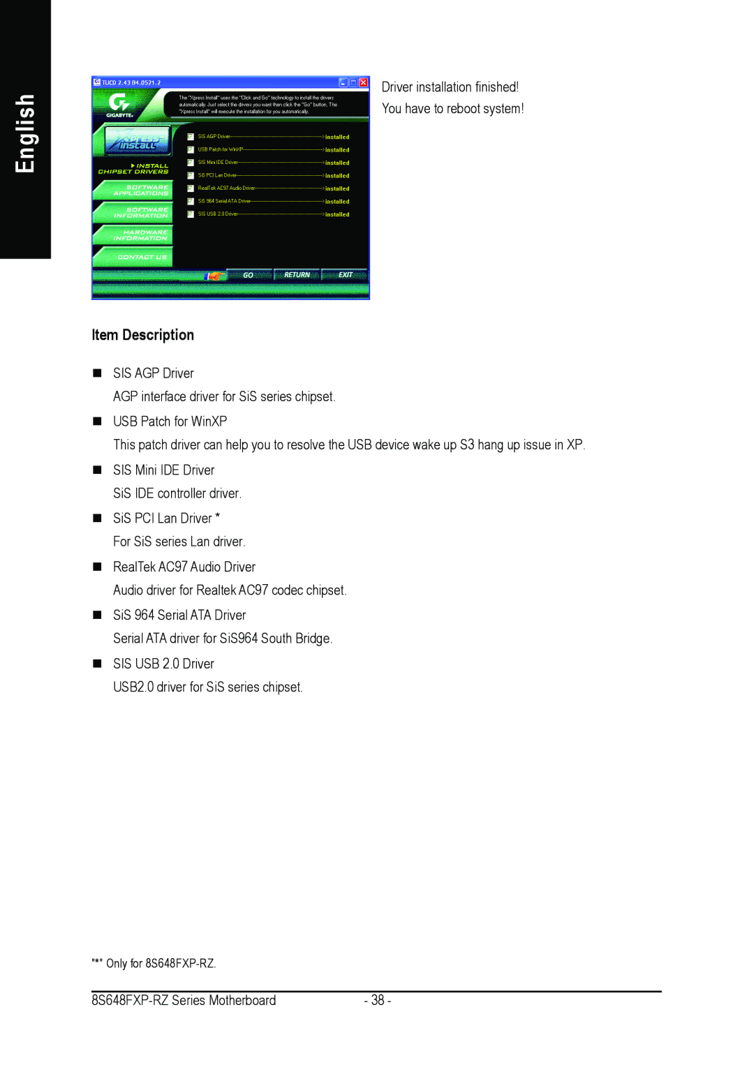 Gigabyte 8S648FXP-RZ-C user manual Item Description 