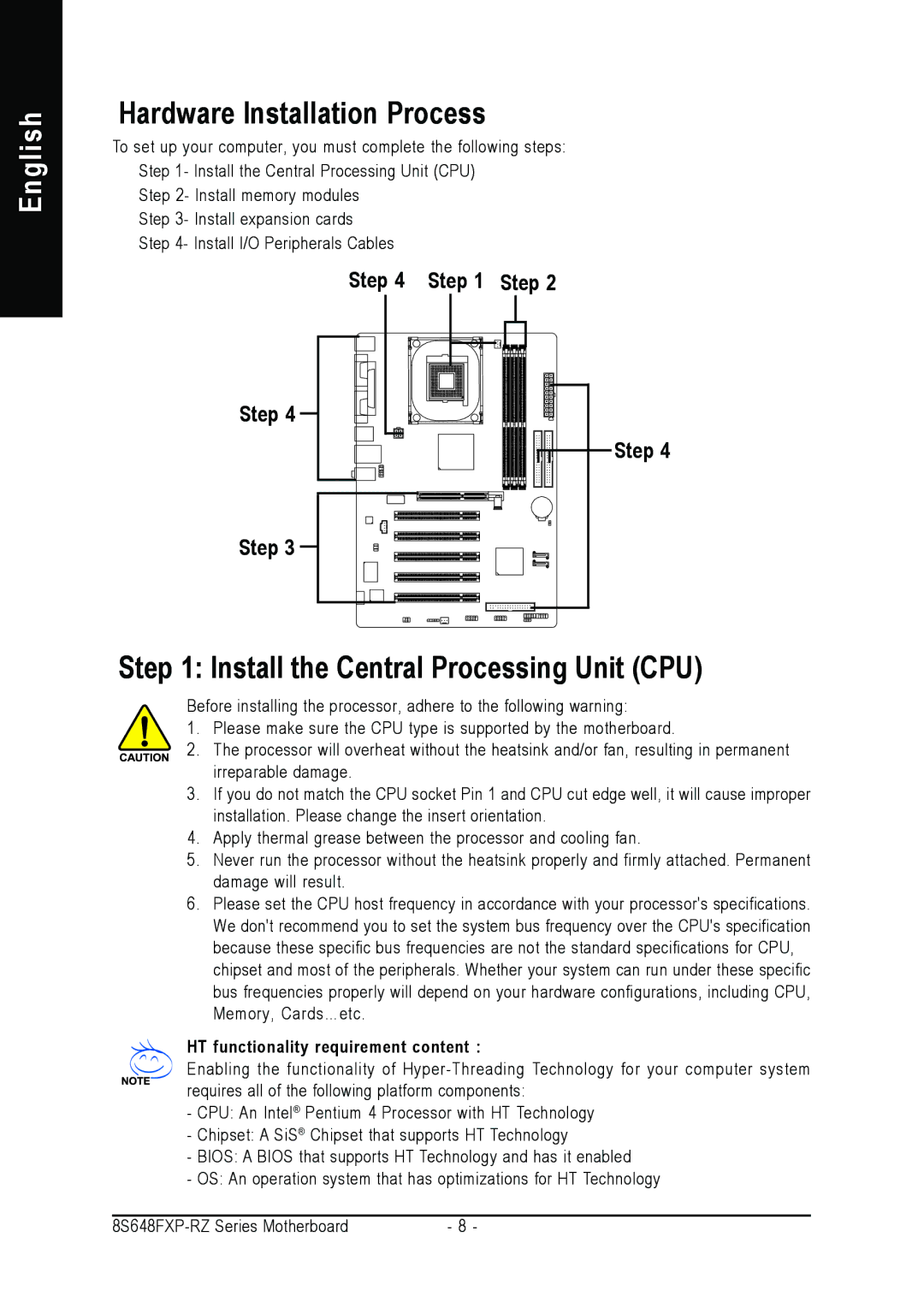 Gigabyte 8S648FXP-RZ-C user manual Hardware Installation Process, Install the Central Processing Unit CPU, Step 