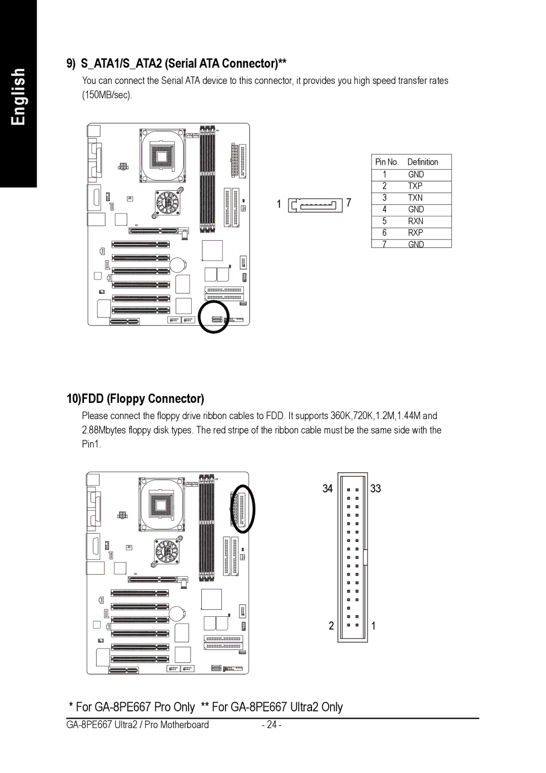 Gigabyte AGP 4X(1.5V) manual SATA1/SATA2 Serial ATA Connector, 10FDD Floppy Connector 