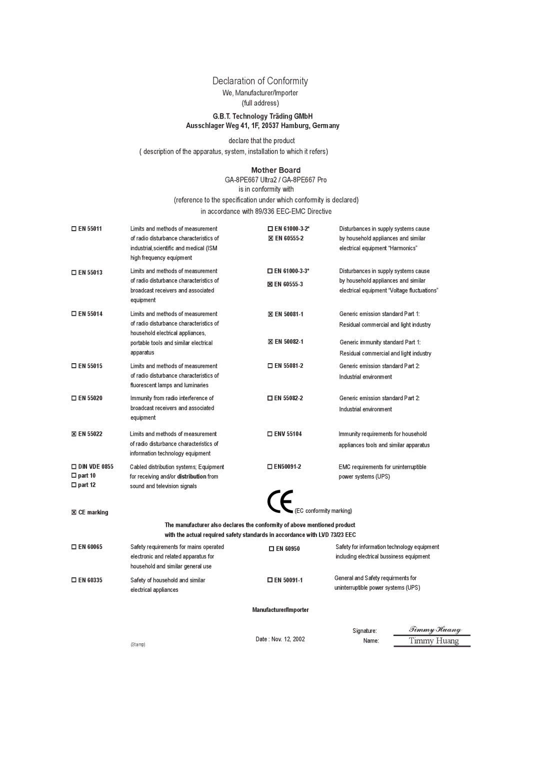 Gigabyte AGP 4X(1.5V) manual Declaration of Conformity 