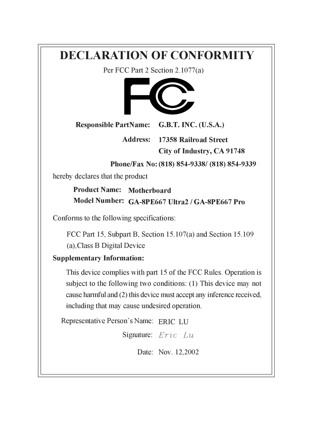 Gigabyte AGP 4X(1.5V) manual Declaration of Conformity, Supplementary Information 