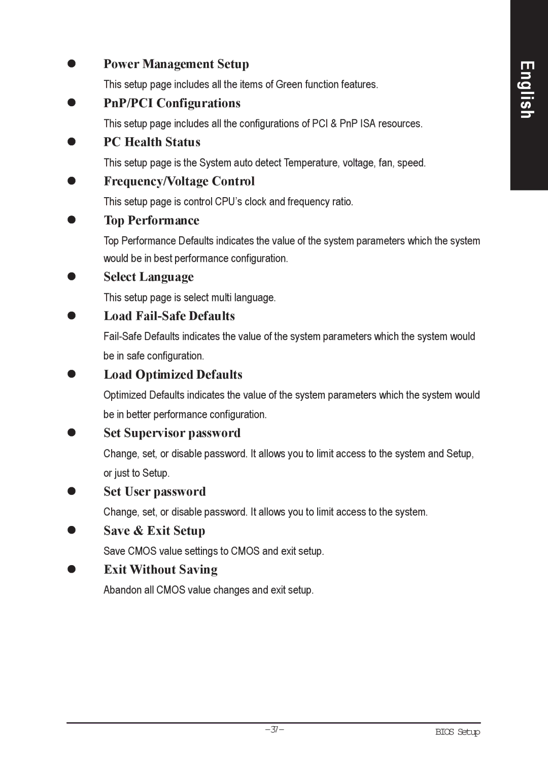 Gigabyte AGP 4X(1.5V) manual Power Management Setup, PnP/PCI Configurations, PC Health Status, Frequency/Voltage Control 