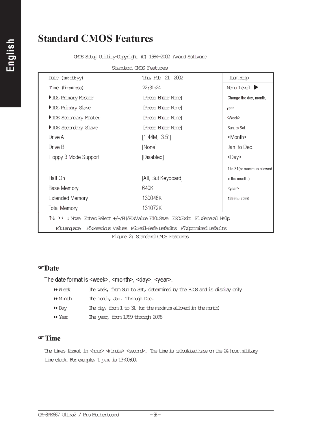 Gigabyte AGP 4X(1.5V) manual Standard Cmos Features, Date, Time 