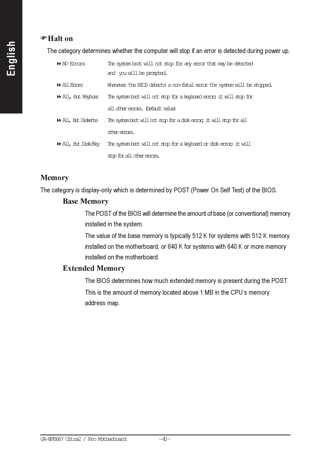 Gigabyte AGP 4X(1.5V) manual Halt on, Base Memory, Extended Memory 