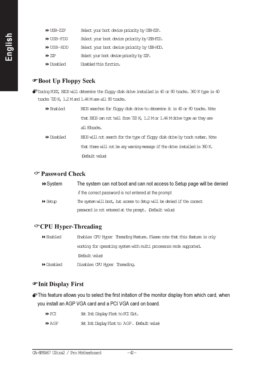 Gigabyte AGP 4X(1.5V) manual Boot Up Floppy Seek, Password Check, CPU Hyper-Threading, Init Display First 