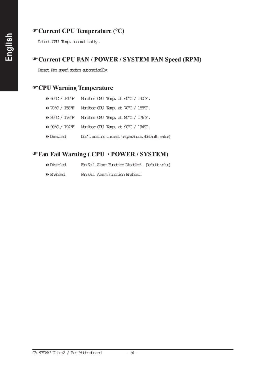 Gigabyte AGP 4X(1.5V) Current CPU Temperature C, Current CPU FAN / Power / System FAN Speed RPM, CPU Warning Temperature 