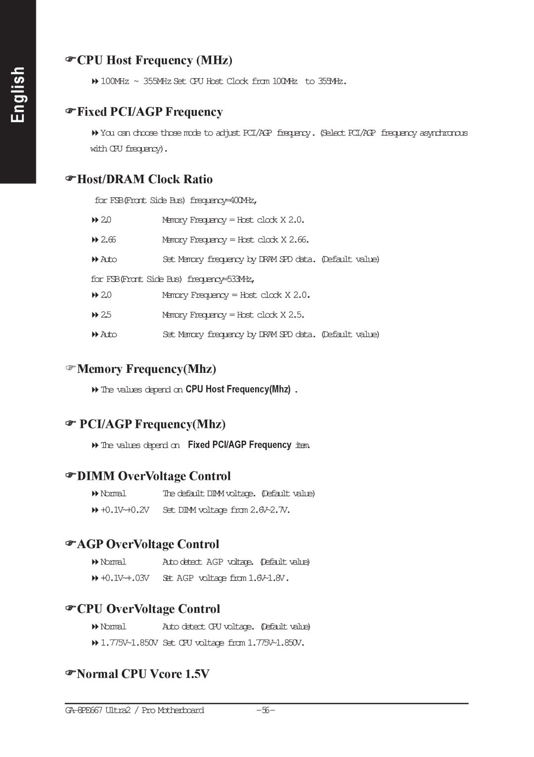 Gigabyte AGP 4X(1.5V) manual CPU Host Frequency MHz, Fixed PCI/AGP Frequency, Host/DRAM Clock Ratio, Memory FrequencyMhz 