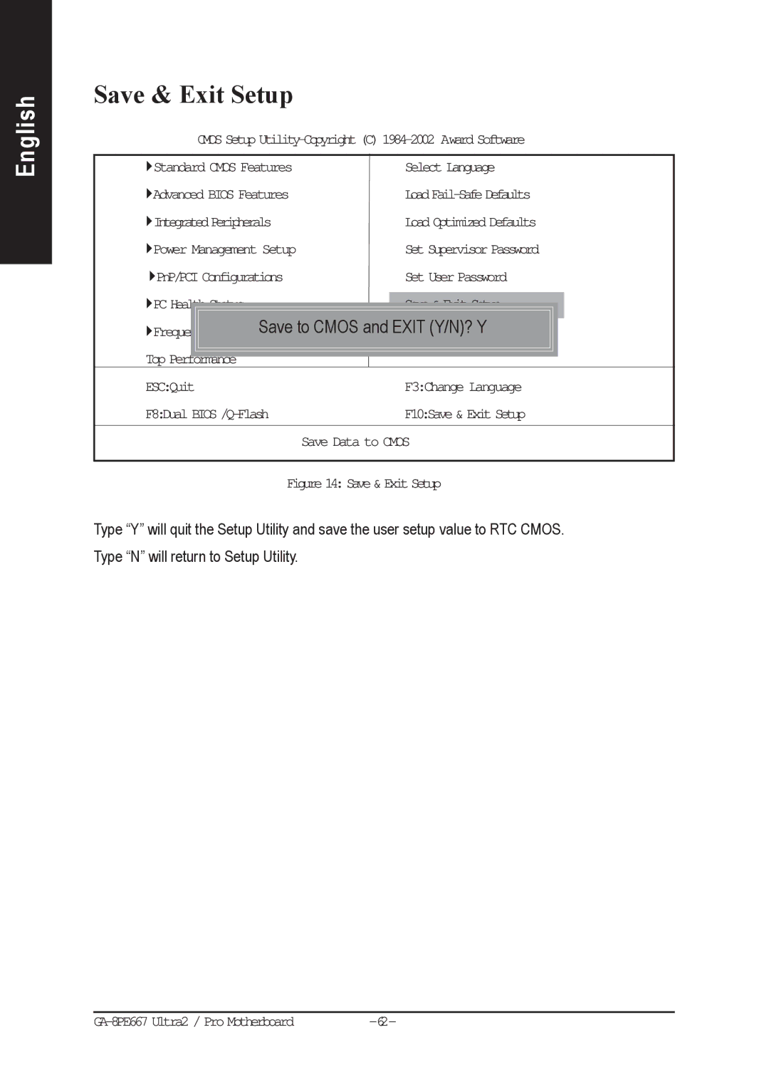 Gigabyte AGP 4X(1.5V) manual Save & Exit Setup, Exit Y/N? Y 